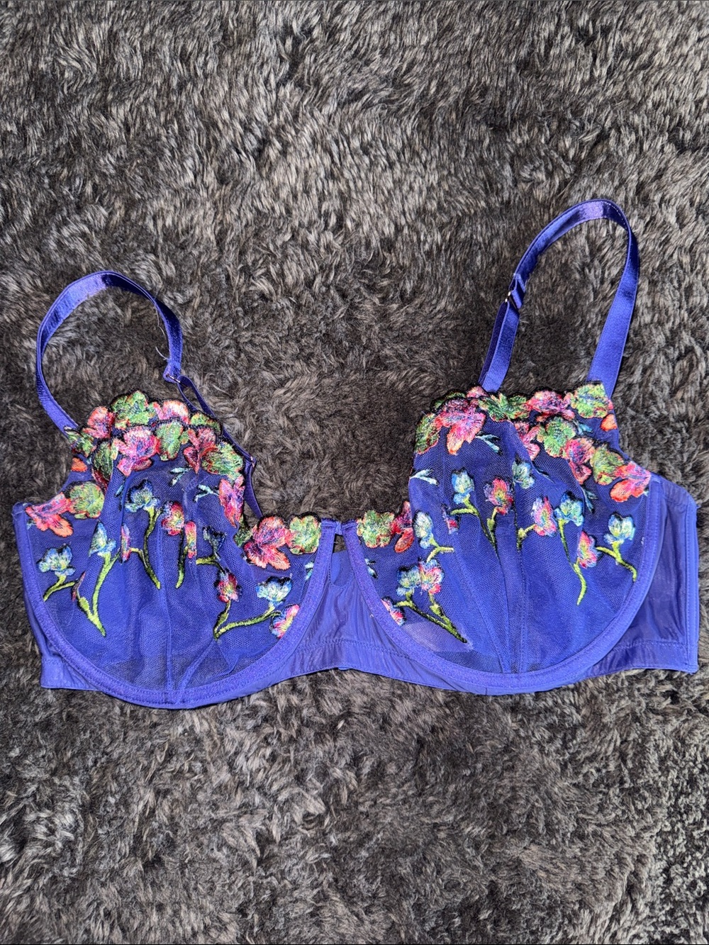 Royal Blue Floral Embroidered Sheer Underwire Bra